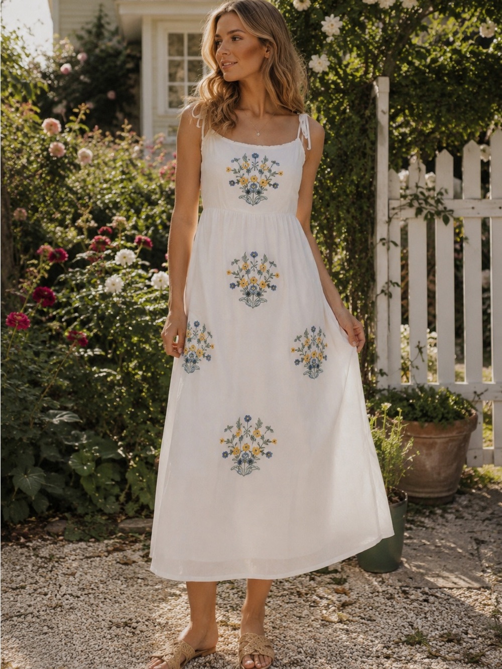 White Floral Embroidered Linen Blend Sundress XL Cottagecore Prairie Boho NWT